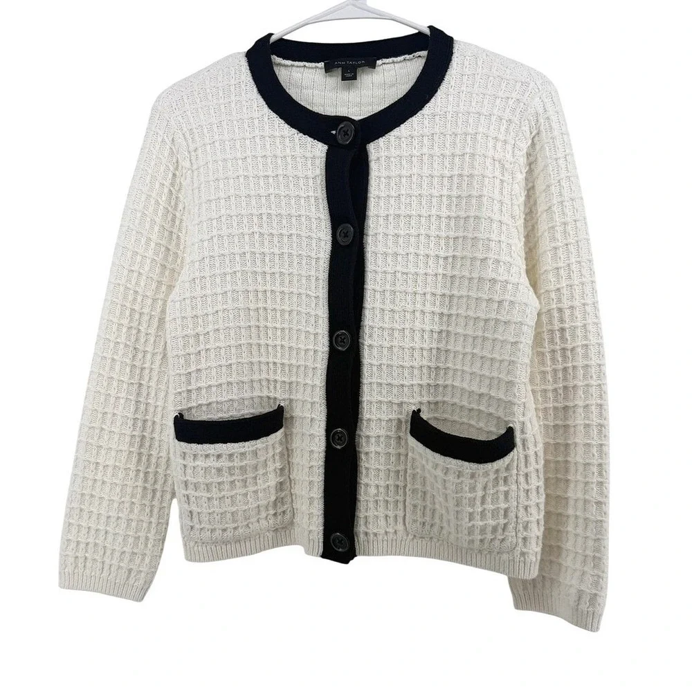 Ann Taylor Women L Cream Black Waffle Knit Button Front Cardigan Sweater - Picture 1 of 9
